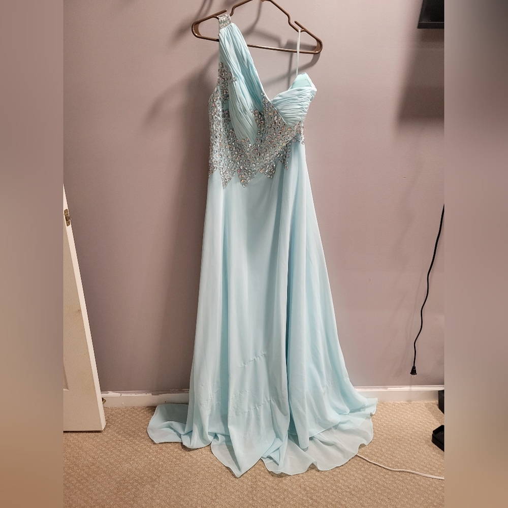 Light teal formal dress with small train